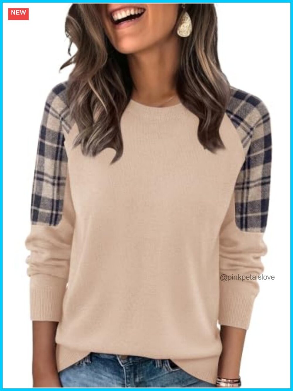 Womens Soft Knit Jacquard Raglan Sleeve Pullover Sweater Crewneck